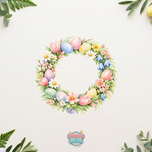 May include: Watercolor Easter wreath featuring pastel-colored eggs, pink tulips, daisies, and bluebells. The wreath is surrounded by green foliage and is set against a white background. The text "Printables March" is at the bottom.