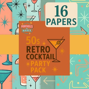 May include: A retro-themed party pack with 16 papers. The design features a cocktail glass illustration, starbursts, and arrows on a teal and coral background. The text reads "50s Retro Cocktail Party Pack."