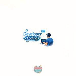 May include: Illustration of a person wearing a headset, working on a laptop. The image features the text "Developer Coding" in blue, with a gear icon and code symbols. A logo at the bottom reads "Printables by Marek".