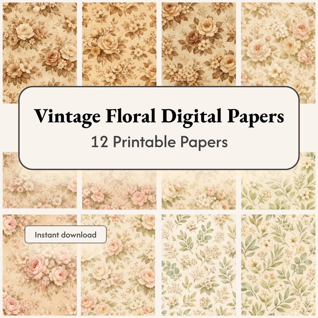 Vintage Floral Digital Paper Pack, Beige Cottagecore Floral Backgrounds ...