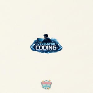 Pode incluir: Ilustra&ccedil;&atilde;o digital de uma pessoa com fones de ouvido trabalhando em um laptop. O texto "DEVELOPER CODING" &eacute; exibido em azul e branco. Um pequeno logotipo com "PRINTABLES BY MAINK" est&aacute; na parte inferior.