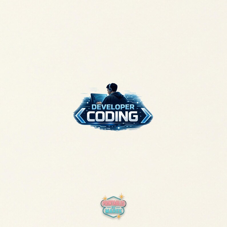 Pode incluir: Ilustra&ccedil;&atilde;o digital de uma pessoa com fones de ouvido trabalhando em um laptop. O texto "DEVELOPER CODING" &eacute; exibido em azul e branco. Um pequeno logotipo com "PRINTABLES BY MAINK" est&aacute; na parte inferior.
