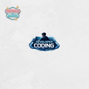 Pode incluir: Ilustra&ccedil;&atilde;o digital de uma pessoa com fones de ouvido usando um laptop. A imagem apresenta o texto "DEVELOPER CODING" em um design azul e branco. O logotipo "Printables by Marek" tamb&eacute;m est&aacute; presente.