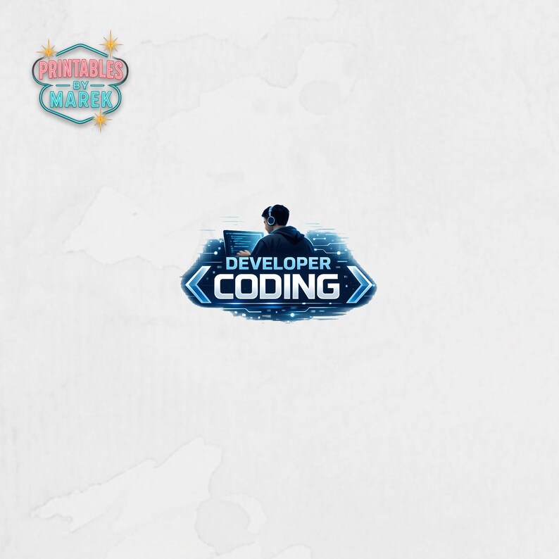 Pode incluir: Ilustra&ccedil;&atilde;o digital de uma pessoa com fones de ouvido usando um laptop. A imagem apresenta o texto "DEVELOPER CODING" em um design azul e branco. O logotipo "Printables by Marek" tamb&eacute;m est&aacute; presente.
