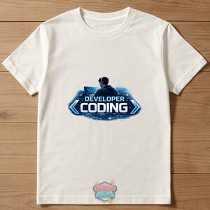 Pode incluir: Camiseta branca com um gr&aacute;fico azul e branco. O gr&aacute;fico apresenta uma pessoa com fones de ouvido trabalhando em um laptop, com as palavras "DEVELOPER CODING" em um design azul. A camiseta &eacute; feita de um material macio.