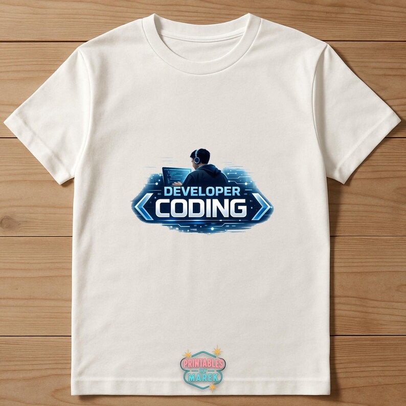 Pode incluir: Camiseta branca com um gr&aacute;fico azul e branco. O gr&aacute;fico apresenta uma pessoa com fones de ouvido trabalhando em um laptop, com as palavras "DEVELOPER CODING" em um design azul. A camiseta &eacute; feita de um material macio.