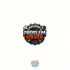 Può includere: Logo "PROFESSIONAL PROBLEM SOLVER" con ingranaggio, chiave inglese e chiave a bussola. Il testo è in grassetto, con "SOLVER" in arancione. Il design ha un tema meccanico. Un piccolo logo è in basso.