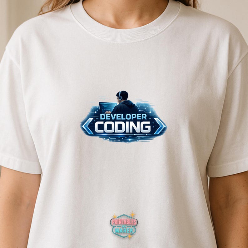 Pode incluir: Camiseta branca com um gr&aacute;fico azul e branco de uma pessoa codificando em um laptop, com as palavras "DEVELOPER CODING" em um design de seta azul. A camiseta &eacute; feita de um material macio e confort&aacute;vel.