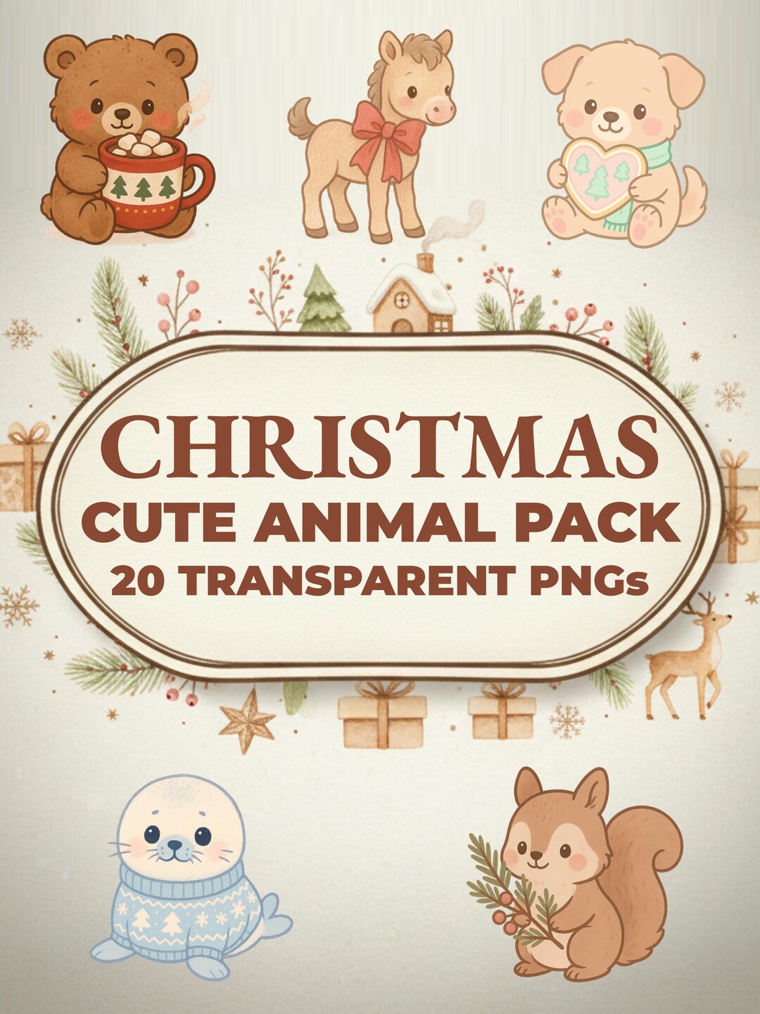 Christmas Animal Clipart Pack | 12 PNG | Kawaii Winter Animals ...