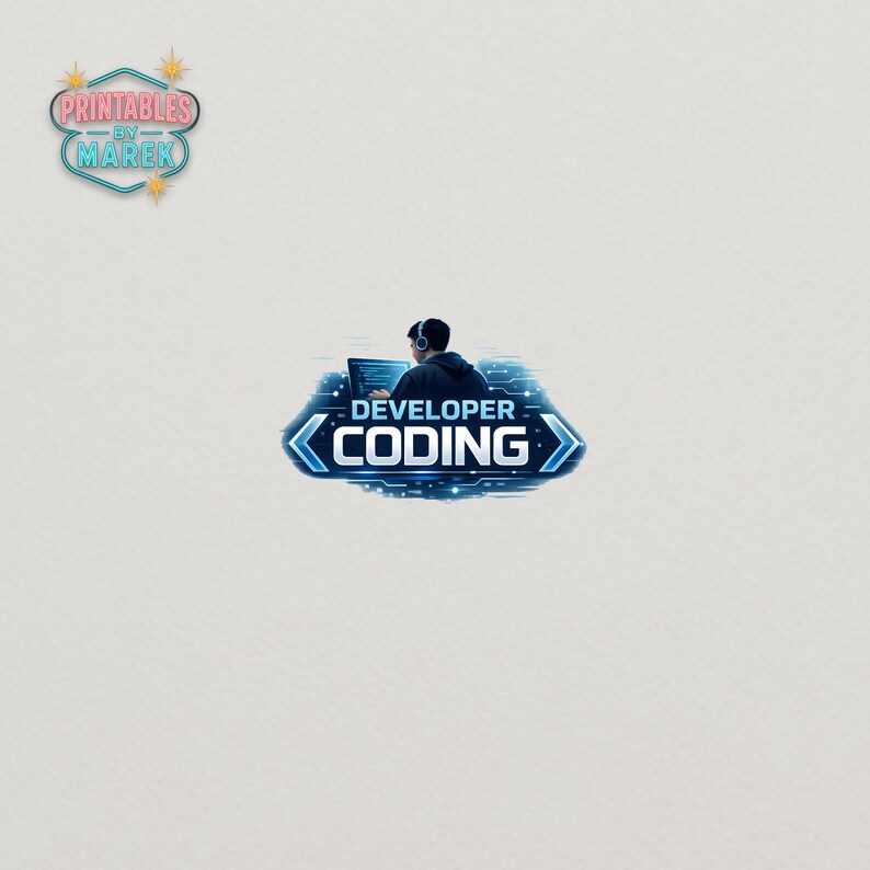Pode incluir: Ilustra&ccedil;&atilde;o digital de uma pessoa com fones de ouvido trabalhando em um laptop. O texto "DEVELOPER CODING" &eacute; exibido em um design azul futurista. A imagem tamb&eacute;m inclui o texto "Printables by Marek" em um design turquesa e rosa.