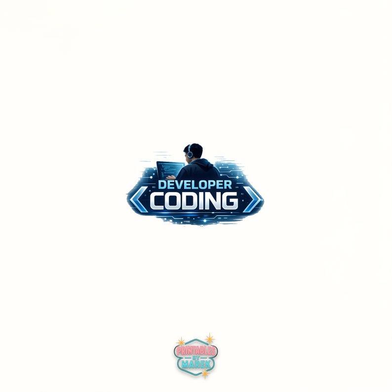 Pode incluir: Ilustra&ccedil;&atilde;o digital de uma pessoa com fones de ouvido usando um laptop. A imagem tem um esquema de cores azul e branco com as palavras "DEVELOPER CODING" em uma fonte estilizada. Um pequeno logotipo na parte inferior.