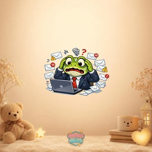 Può includere: Illustrazione di un cartone animato di una rana stressata con giacca e cravatta, circondata da buste e un laptop. La rana ha un'espressione preoccupata, con un punto interrogativo e punti esclamativi sopra la testa. Include il testo "Printables Marek".