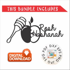 Op de afbeelding: Een digitale downloadafbeelding met een Rosh Hashanah-thema. Het ontwerp bevat een honingdipper, een appel en de woorden "Rosh Hashanah". Extra elementen zijn een "Digitale download"-knop en een afbeelding met bestandstype-pictogrammen.
