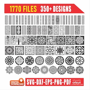 Puede incluir: Una colección de archivos de diseño digital en blanco y negro, con patrones y formas intrincados. La imagen muestra el texto "1770 FILES 350+ DESIGNS" y los formatos de archivo SVG, DXF, EPS, PNG y PDF. La imagen también incluye las palabras "DESCARGA DIGITAL".