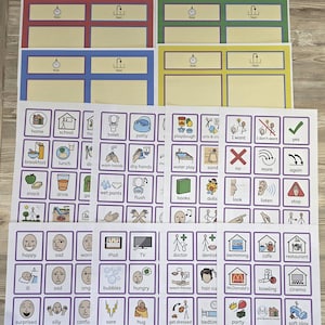 Puede incluir: Una colección de tableros y tarjetas de comunicación educativos con bordes coloridos y diseños de cuadrícula. Las hojas contienen numerosos iconos cuadrados con ilustraciones sencillas y etiquetas de texto para actividades y emociones.