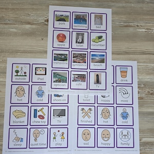 Può includere: Tre fogli bianchi con una griglia di quadrati bordati di viola contenenti illustrazioni colorate e fotografie abbinate a etichette di testo come park, swimming, bed, apple, toilet, cucumber, trampoline, gymnastics, beach e altro ancora.
