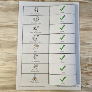 May include: A white chart with black illustrations detailing toilet use, such as "Pull pants down" and "Wash hands," each with a "Done" tick. The chart is displayed on a wooden surface. The chart is designed for visual support.