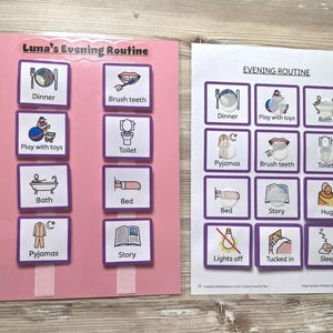 May include: A pink board titled Luna's Evening Routine with eight removable square cards featuring icons and text for daily tasks, alongside a white paper sheet titled Evening Routine containing twelve square icons with Velcro dots for task tracking.