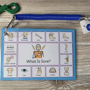 May include: A blue plastic coil lanyard attached to a rectangular communication card featuring the text What Is Sore? and various illustrated icons representing body parts including head, stomach, arm, hand, foot, leg, back, chest, eye, finger, tooth, and throat.