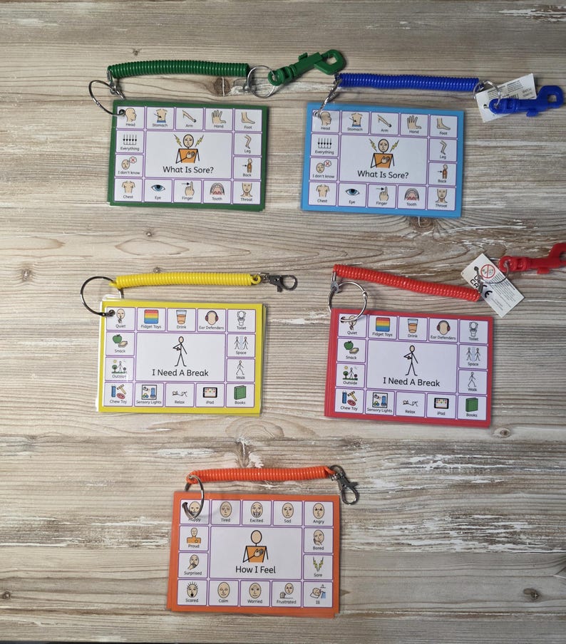 May include: Five rectangular communication cards with colorful borders and matching coiled wrist straps. The cards feature grid layouts with illustrated icons and text labels including What Is Sore, I Need A Break, and How I Feel for non-verbal expression.