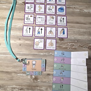 May include: Visual aids for toilet training, including illustrated cards with instructions such as "Pull pants down," "Sit on toilet," and "Wash hands." The cards are attached to a lanyard and a booklet.
