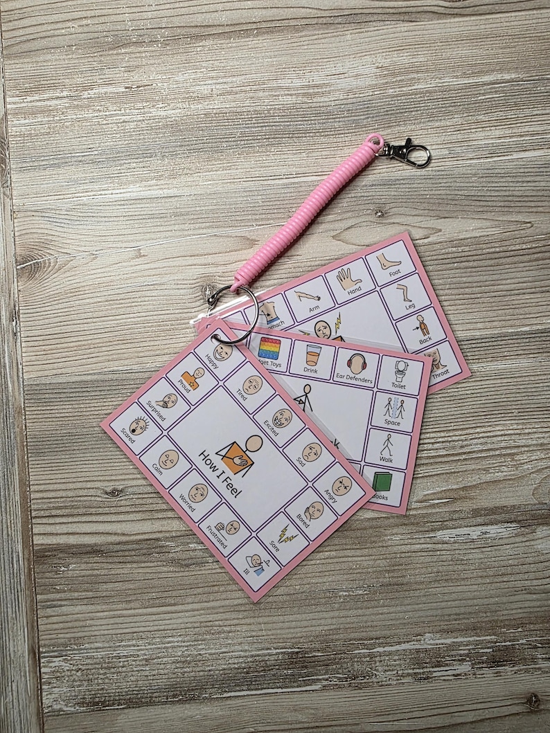 May include: A set of two rectangular communication cards with pink borders attached to a pink coiled wristband with a metal lobster clasp. The cards feature grid layouts with various icons and text labels including How I Feel, Happy, Proud, Surprised, Scared, Calm, Worried, Frustrated, Tired, Excited, Sad, Angry, Bored, Sore, Arm, Hand, Foot, Leg, Back, Drink, Ear Defenders, Toilet, Space, Walk, and Books.
