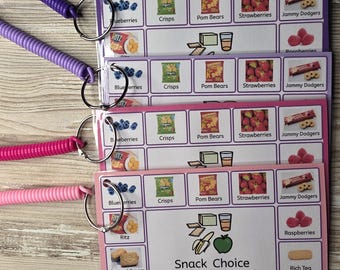 1 x Mini Snack Choice Board with Keyring - 14 snack & Drink Images - Visual Choice Aid - SEN, Autism, Non Verbal, School, Nursery, Travel