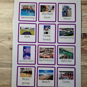 May include: A laminated sheet featuring a grid of twelve square cards with purple borders. Each card contains a photograph and a text label including Swimming, Wynford Farm, Tesco, Park, Funky Forest, Trampolining, Sensory room, Gymnastics, Optician, Music group, Beach, and Costa.