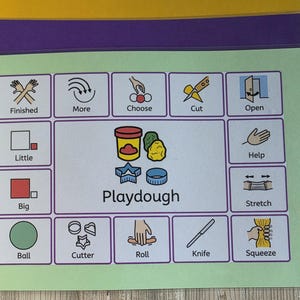 May include: A visual aid with a green border, featuring illustrated icons and the word "Playdough." Icons include "Finished," "More," "Choose," "Cut," "Open," "Little," "Big," "Ball," "Cutter," "Roll," "Knife," "Squeeze," "Help," and "Stretch."