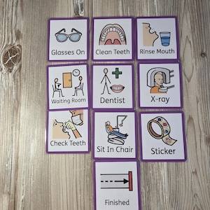 May include: A collection of ten square cards with purple borders, each displaying a dental-themed illustration and text. The cards depict glasses, teeth cleaning, rinsing, a waiting room, a dentist, an X-ray, a dental check, sitting in a chair, a sticker, and a finished sign.