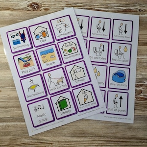 May include: Two sheets of square cards with purple borders and white backgrounds. Each card features a simple illustration and a word, such as "Swimming," "Cafe," and "Gymnastics." The cards are designed for visual support.