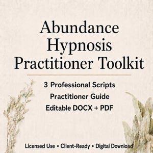 May include: A digital product titled "Abundance Hypnosis Practitioner Toolkit" with text that reads "3 Professional Scripts, Practitioner Guide, Editable DOCX + PDF". The product is described as "Licensed Use, Client-Ready, Digital Download".