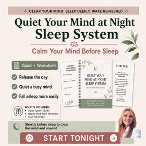 Op de afbeelding: Een advertentie voor het "Quiet Your Mind at Night Sleep System". De afbeelding toont een gids, werkblad en startpagina. Tekst bevat "Laat de dag los", "Kalmeer een drukke geest" en "Val gemakkelijker in slaap".