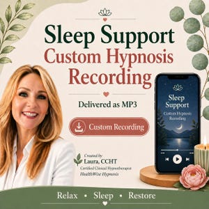 Può includere: Annuncio di una registrazione di ipnosi personalizzata per il supporto del sonno. L'immagine presenta una donna sorridente, uno smartphone che mostra la registrazione e il testo "Sleep Support Custom Hypnosis Recording". La registrazione viene consegnata come MP3.