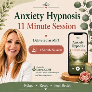 Peut inclure: Publicité pour une "Séance d'hypnose pour l'anxiété de 11 minutes" livrée en MP3. L'image présente une femme souriante, un smartphone affichant la séance, une bougie allumée et une fleur rose. Le texte comprend "Relax, Reset, Feel Better."