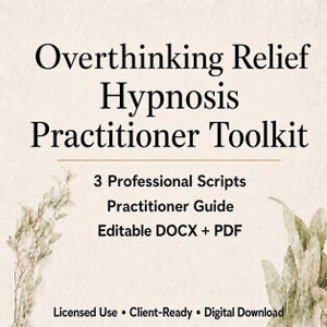 Könnte beinhalten: Ein digitaler Download mit dem Titel "Overthinking Relief Hypnosis Practitioner Toolkit". Das Bild zeigt den Text "3 Professional Scripts, Practitioner Guide, Editable DOCX + PDF". Der untere Teil des Bildes lautet "Licensed Use, Client-Ready, Digital Download."