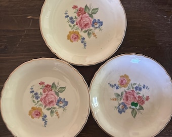 Vintage 3 Pc Scio China Hazel Colorful Flower Gold Trim Dessert Plates
