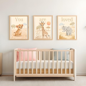 Set of 3 cute safari animal posters for children&#39;s rooms | Boho baby room | Wall art | Elephant, giraffe, lion | Digital download | Watercolor wall decor