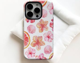 Hibiscus Seashell Phone Case,Flower and Fruit Art,Summer Floral Print,For iPhone 17 16 15 14 13 12 11 Pro Max,Samsung S26 S25 Ultra,Magsafe