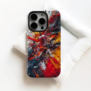 May include: A smartphone case featuring an abstract, chaotic design with sharp, angular shards in vibrant red, deep black, bright orange, and white. The pattern creates a sense of explosive motion across the entire back surface of the device.