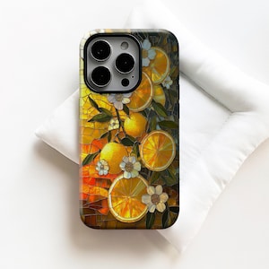 May include: A phone case featuring a vibrant mosaic design of oranges, blossoms, and leaves. The case has a black border and a glossy finish. The artwork showcases a warm color palette of orange, yellow, and green.