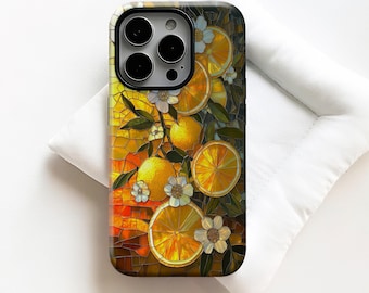 Orange Buntglas Handyhülle, geschnittenes Orange Kunstvolles ästhetisches Zitrusfruchtmuster, Abdeckung für iPhone 17-11 Pro Max, Samsung S30-20 FE, MagSafe