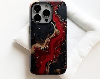 Funda para teléfono con diseño de arte fluido abstracto, diseño de ondas fluidas en rojo, negro y dorado, para iPhone 17, 16, 15, 14, 13, 12, 11 Pro Max, Samsung S25, S24 Ultra, Magsafe