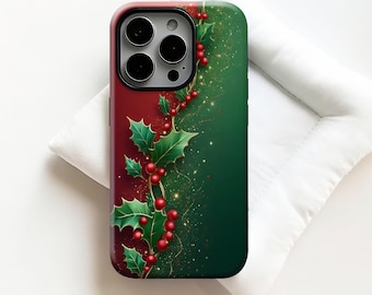 Red & green Christmas ornate decorations Phone Case,Holly leaves and red berries,iPhone 17 16 15 14 13 12 11 Pro Max,Samsung S25 S24 S23 S22