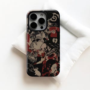 May include: Black phone case with a collage design featuring red, black, and beige elements. The design includes images of a skull, a fish, and a vintage telephone. The case has a glossy finish and a black border.