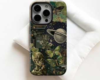 Gothic vintage collage Phone Case,Skull, moth, butterfly, planet, moon, star, book, flower,For iPhone 17 16 15 14 13 12 ,Samsung S25 S24 S23