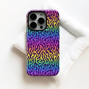 May include: A phone case with a vibrant, abstract pattern in shades of purple, blue, green, yellow, and pink. The case has a glossy finish and a camera cutout. The design features flowing, organic shapes.