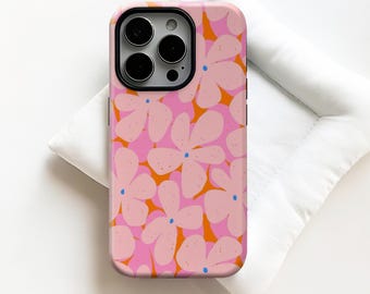 レトロポップフローラル電話ケース、オレンジピンクと大きなライトピンクの花、iPhone 17 16 15 14 13 12 11 Pro Max、Samsung S25 S24 Ultra、Magsafe用