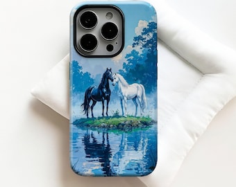 Horse Phone Case: Black and White Island Lake Art, Protective Dual-Layer