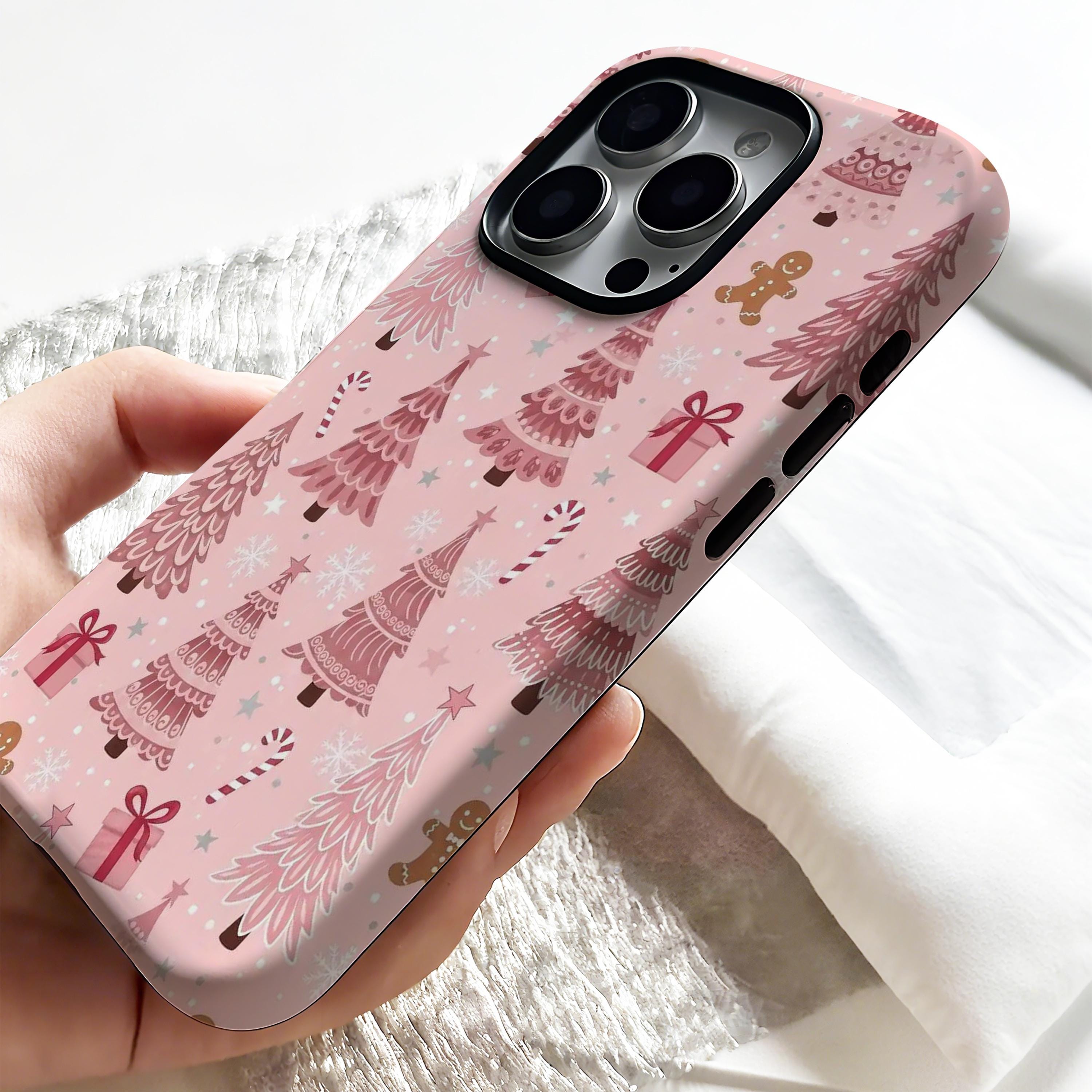 Pink Christmas Phone Case,retro Christmas Tree,snow, Candy Cane